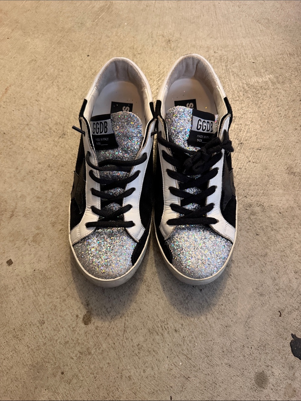 Golden Goose White, Black and Silver Glitter Low-Top Sneakers